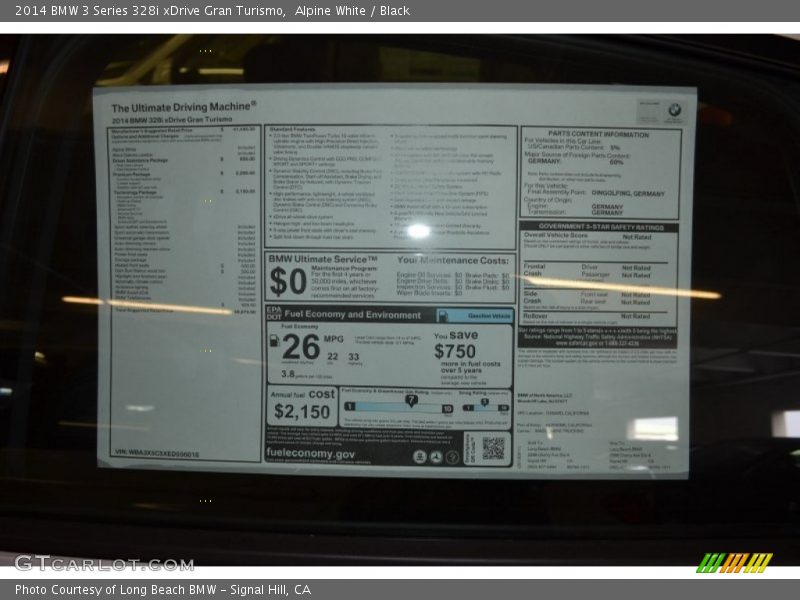  2014 3 Series 328i xDrive Gran Turismo Window Sticker