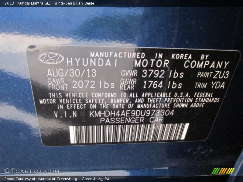 Windy Sea Blue / Beige 2013 Hyundai Elantra GLS
