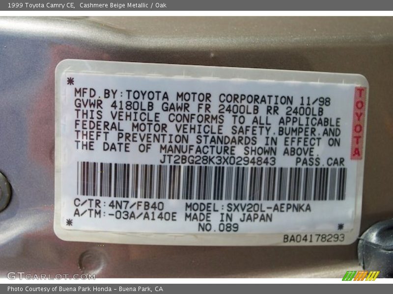 Cashmere Beige Metallic / Oak 1999 Toyota Camry CE