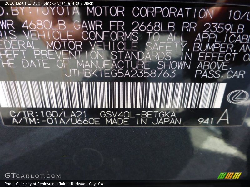 Smoky Granite Mica / Black 2010 Lexus ES 350