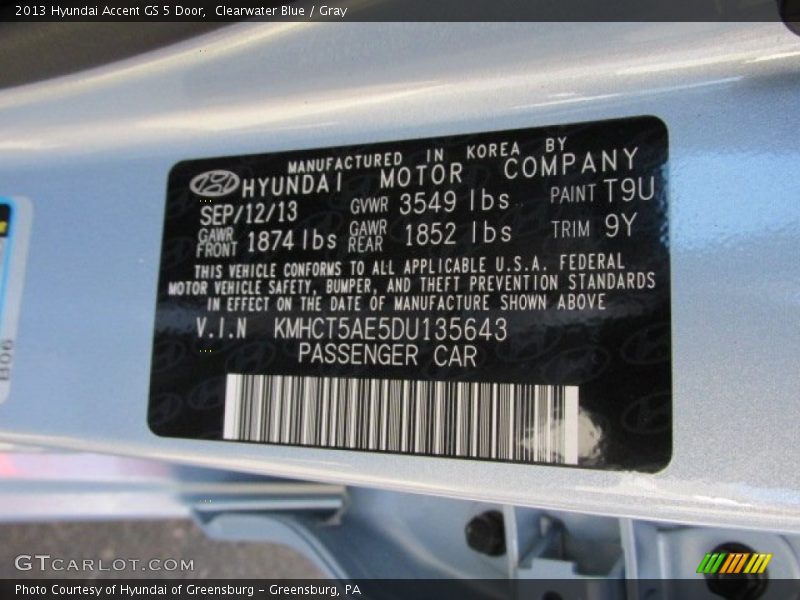 Clearwater Blue / Gray 2013 Hyundai Accent GS 5 Door