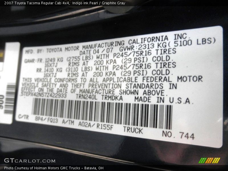 Indigo Ink Pearl / Graphite Gray 2007 Toyota Tacoma Regular Cab 4x4