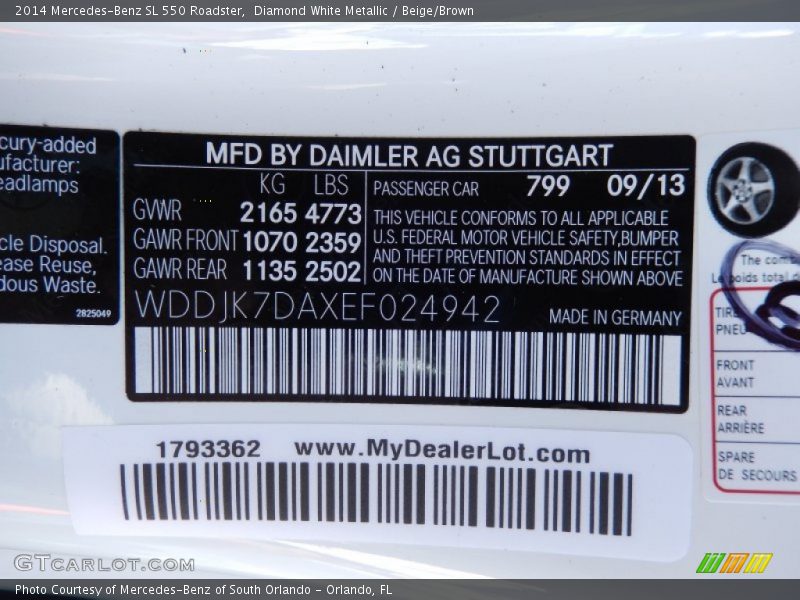 Diamond White Metallic / Beige/Brown 2014 Mercedes-Benz SL 550 Roadster