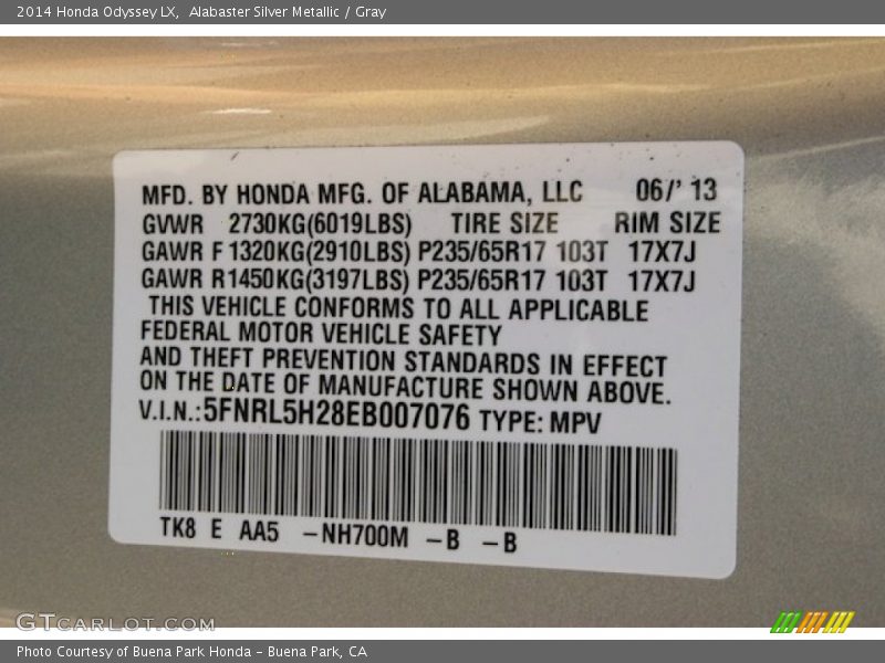 Alabaster Silver Metallic / Gray 2014 Honda Odyssey LX