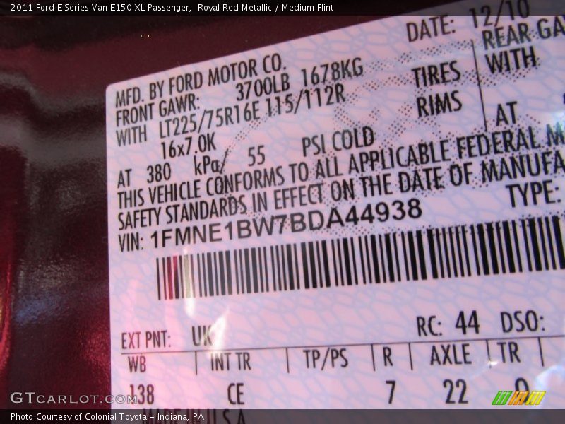 2011 E Series Van E150 XL Passenger Royal Red Metallic Color Code UK