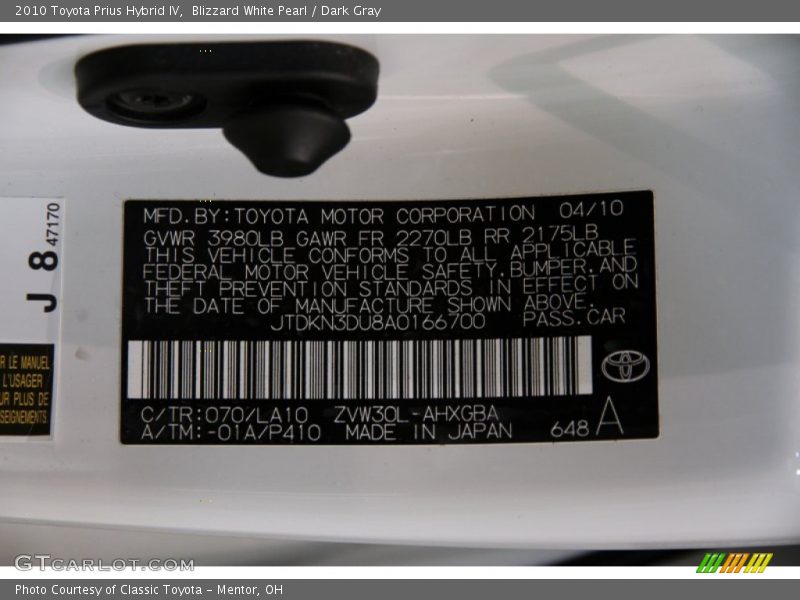 Blizzard White Pearl / Dark Gray 2010 Toyota Prius Hybrid IV