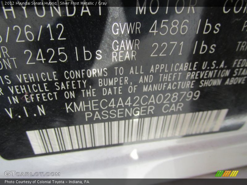 Silver Frost Metallic / Gray 2012 Hyundai Sonata Hybrid