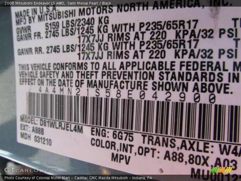 Satin Meisai Pearl / Black 2008 Mitsubishi Endeavor LS AWD