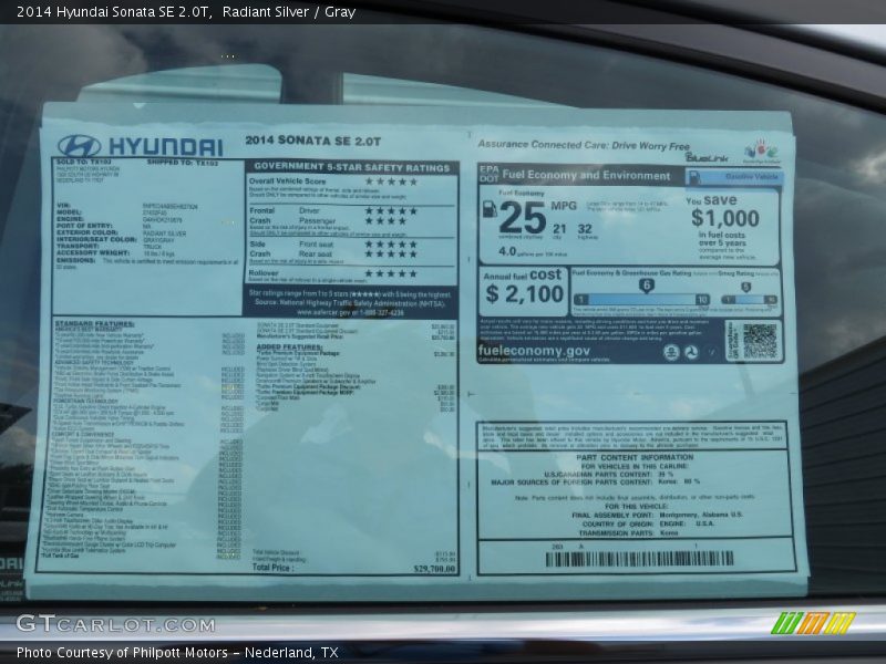  2014 Sonata SE 2.0T Window Sticker