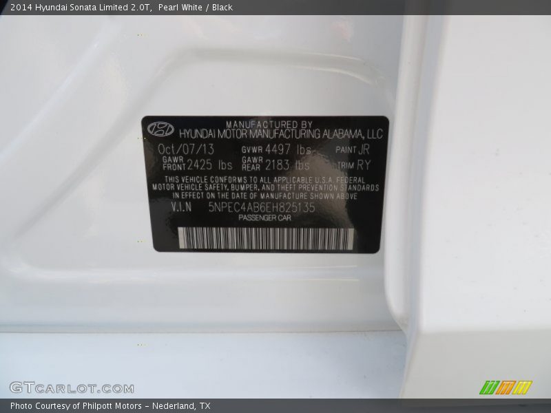 2014 Sonata Limited 2.0T Pearl White Color Code JR