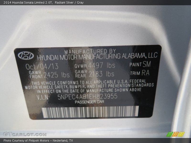 2014 Sonata Limited 2.0T Radiant Silver Color Code SM