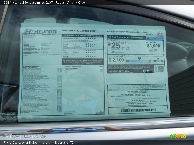  2014 Sonata Limited 2.0T Window Sticker