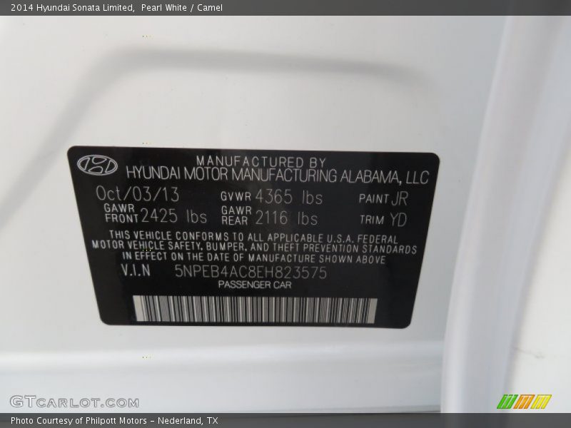 2014 Sonata Limited Pearl White Color Code JR