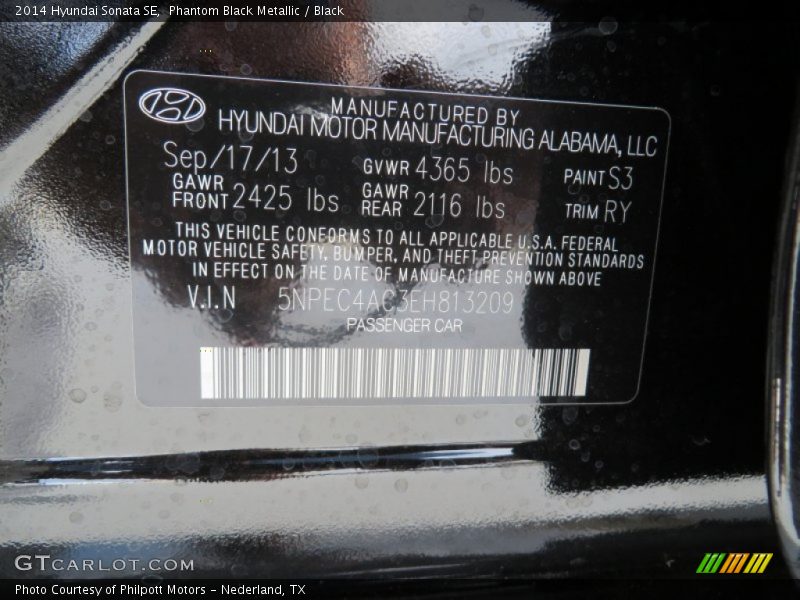 2014 Sonata SE Phantom Black Metallic Color Code S3