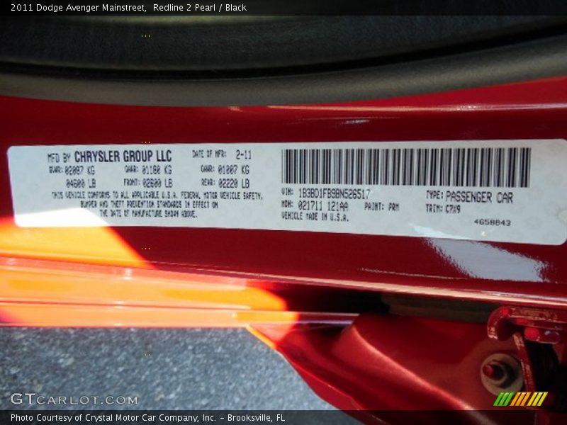 Redline 2 Pearl / Black 2011 Dodge Avenger Mainstreet