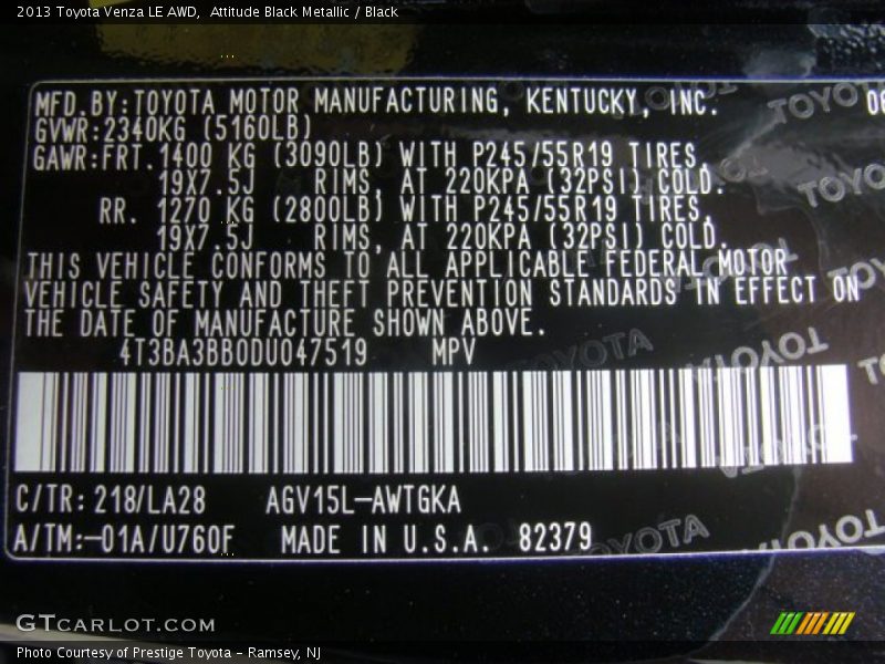 Attitude Black Metallic / Black 2013 Toyota Venza LE AWD