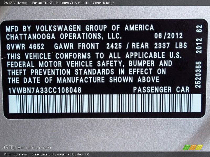 Platinum Gray Metallic / Cornsilk Beige 2012 Volkswagen Passat TDI SE