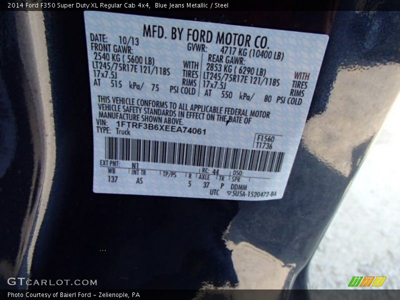 2014 F350 Super Duty XL Regular Cab 4x4 Blue Jeans Metallic Color Code N1