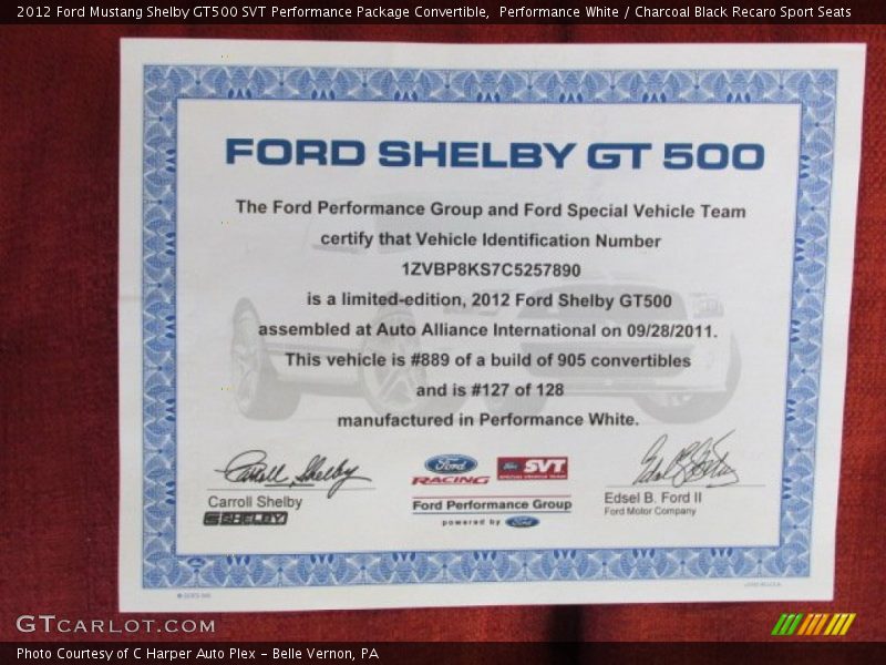 Performance White / Charcoal Black Recaro Sport Seats 2012 Ford Mustang Shelby GT500 SVT Performance Package Convertible