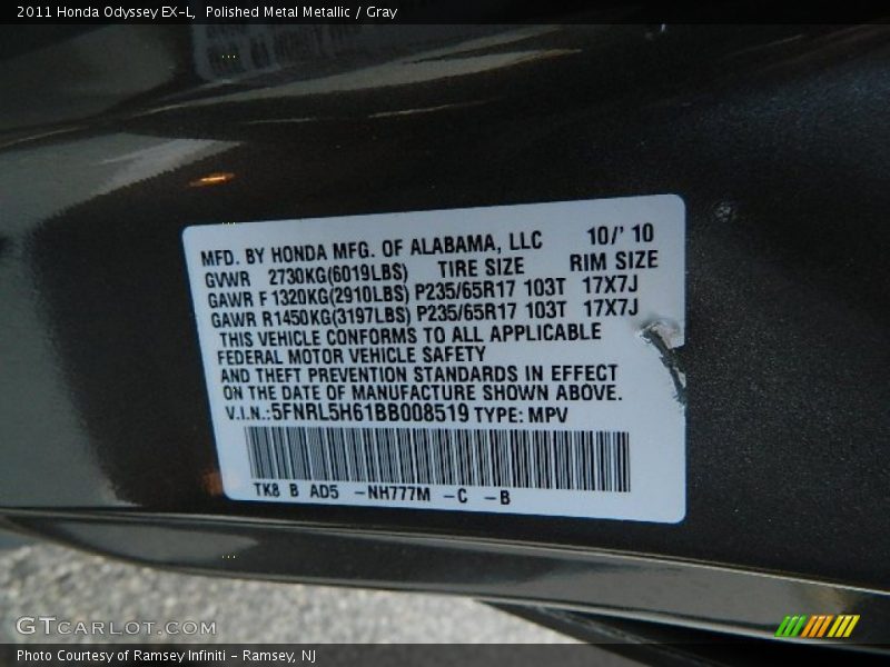 Polished Metal Metallic / Gray 2011 Honda Odyssey EX-L