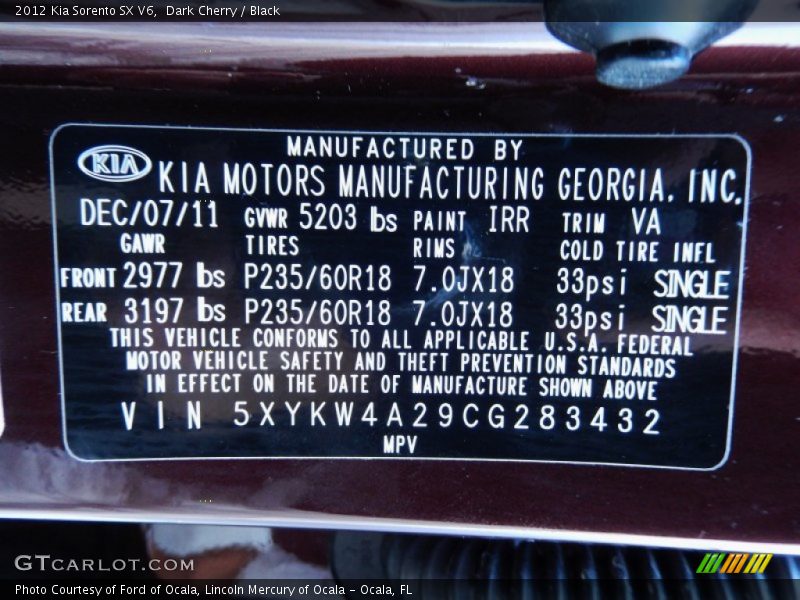 Dark Cherry / Black 2012 Kia Sorento SX V6