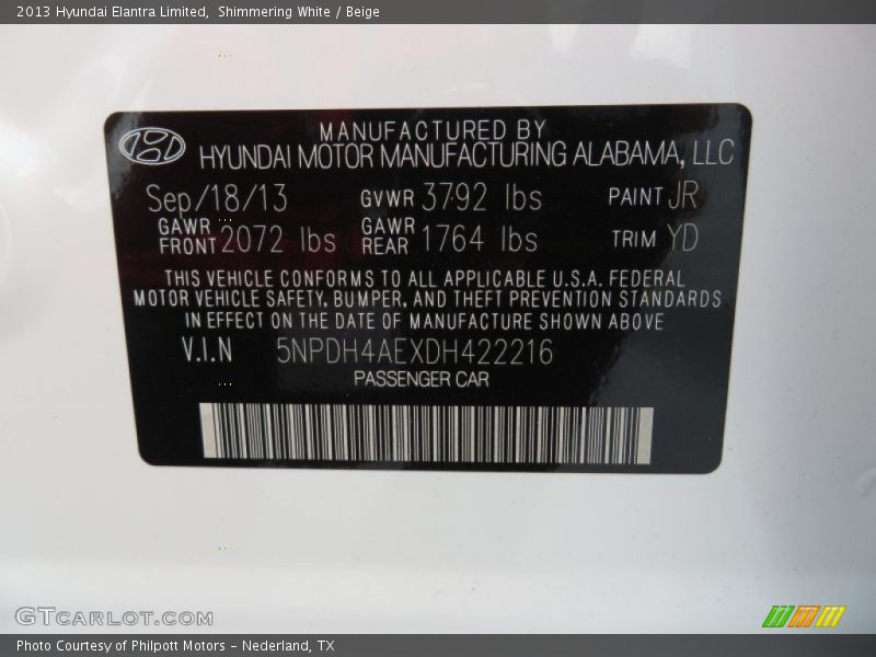 Shimmering White / Beige 2013 Hyundai Elantra Limited
