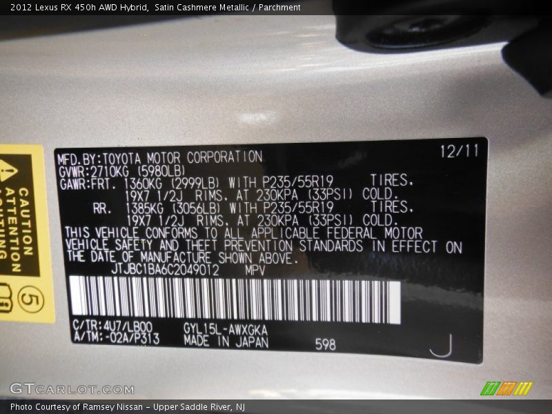 Satin Cashmere Metallic / Parchment 2012 Lexus RX 450h AWD Hybrid