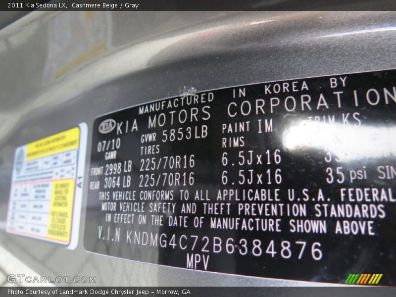 Cashmere Beige / Gray 2011 Kia Sedona LX