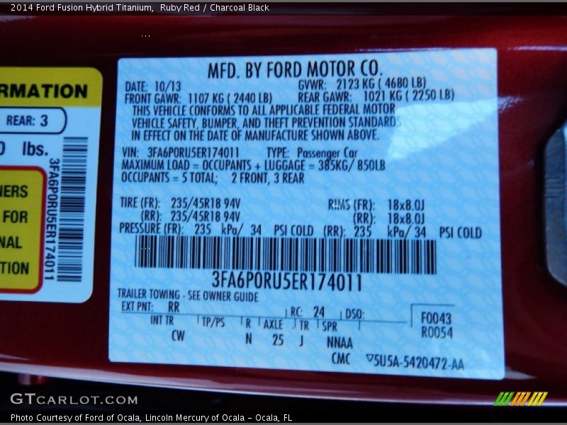 2014 Fusion Hybrid Titanium Ruby Red Color Code RR