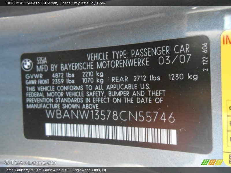 Space Grey Metallic / Grey 2008 BMW 5 Series 535i Sedan