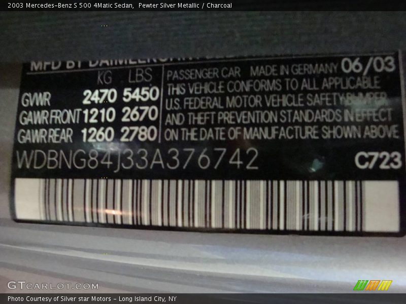 Pewter Silver Metallic / Charcoal 2003 Mercedes-Benz S 500 4Matic Sedan
