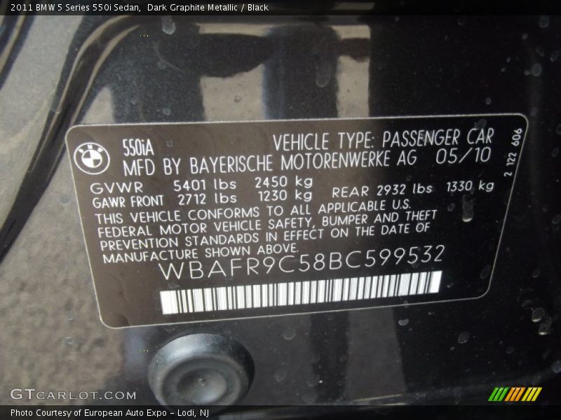 Dark Graphite Metallic / Black 2011 BMW 5 Series 550i Sedan