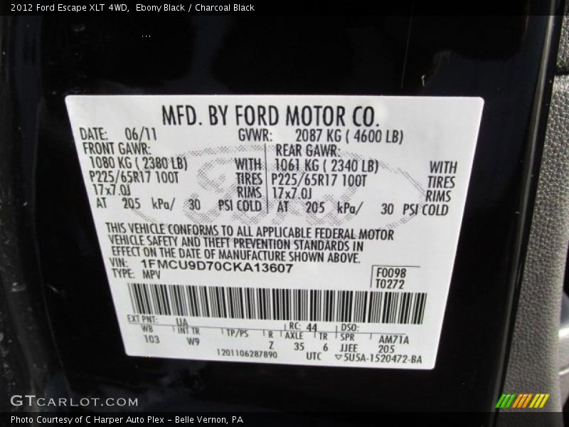 Ebony Black / Charcoal Black 2012 Ford Escape XLT 4WD