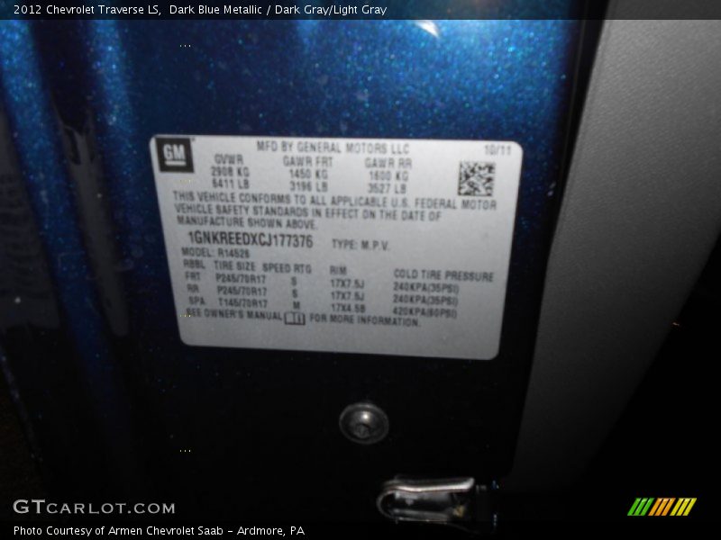 Dark Blue Metallic / Dark Gray/Light Gray 2012 Chevrolet Traverse LS