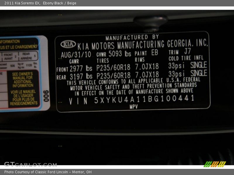 Ebony Black / Beige 2011 Kia Sorento EX