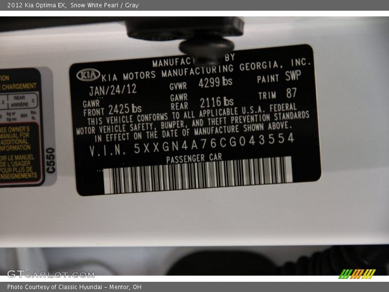 Snow White Pearl / Gray 2012 Kia Optima EX