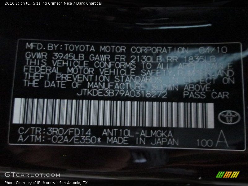 Sizzling Crimson Mica / Dark Charcoal 2010 Scion tC