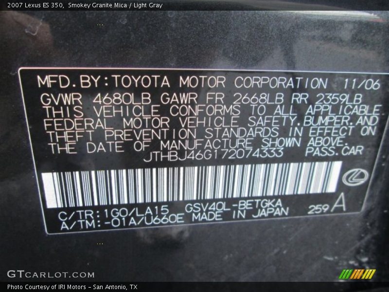 Smokey Granite Mica / Light Gray 2007 Lexus ES 350