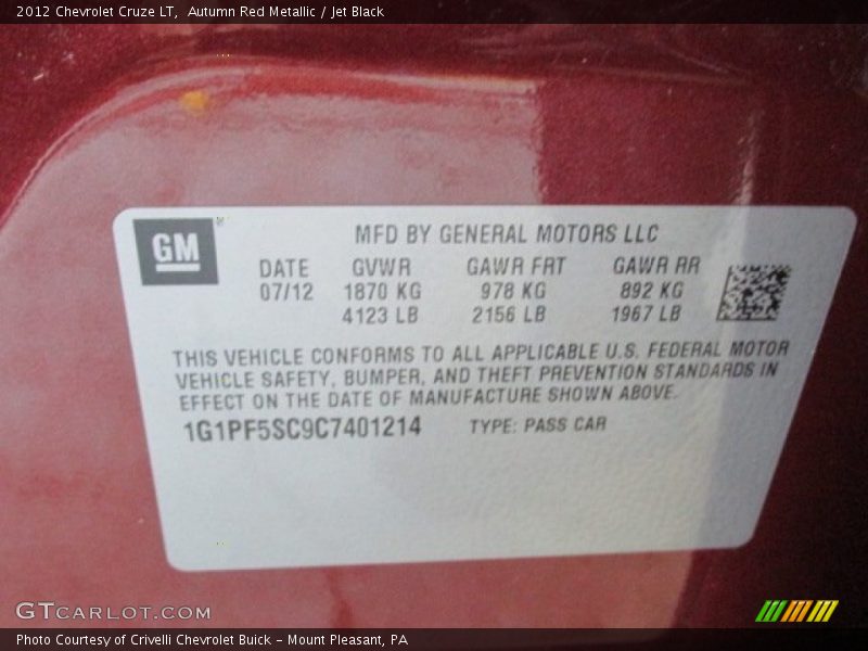 Autumn Red Metallic / Jet Black 2012 Chevrolet Cruze LT
