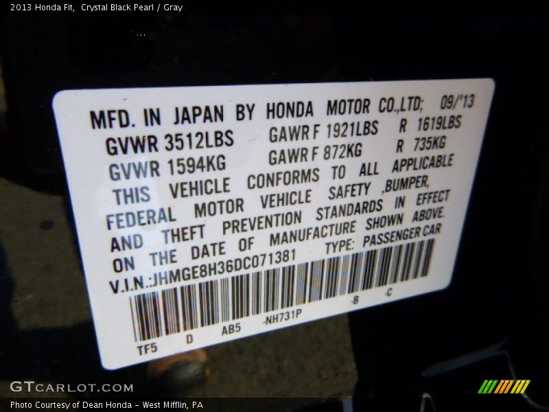 Crystal Black Pearl / Gray 2013 Honda Fit