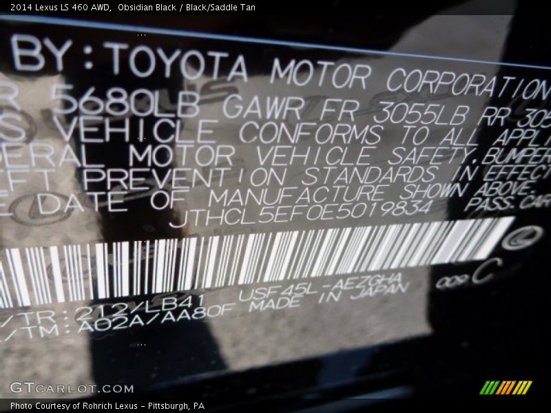 2014 LS 460 AWD Obsidian Black Color Code 212