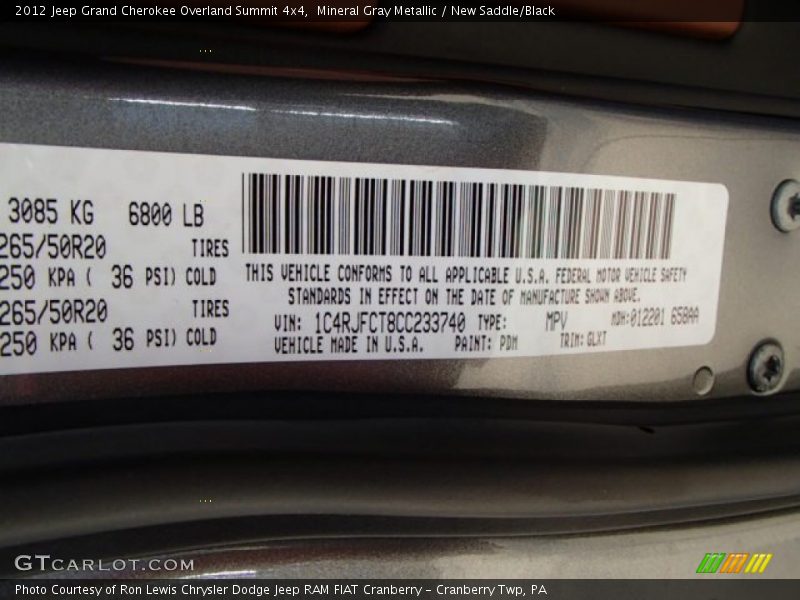 Mineral Gray Metallic / New Saddle/Black 2012 Jeep Grand Cherokee Overland Summit 4x4