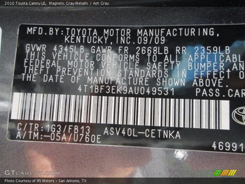 Magnetic Gray Metallic / Ash Gray 2010 Toyota Camry LE