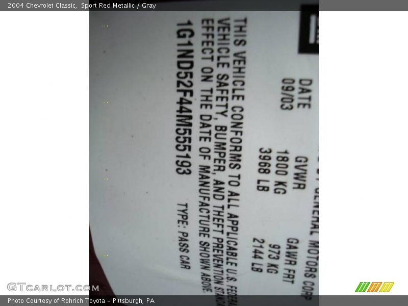 Sport Red Metallic / Gray 2004 Chevrolet Classic