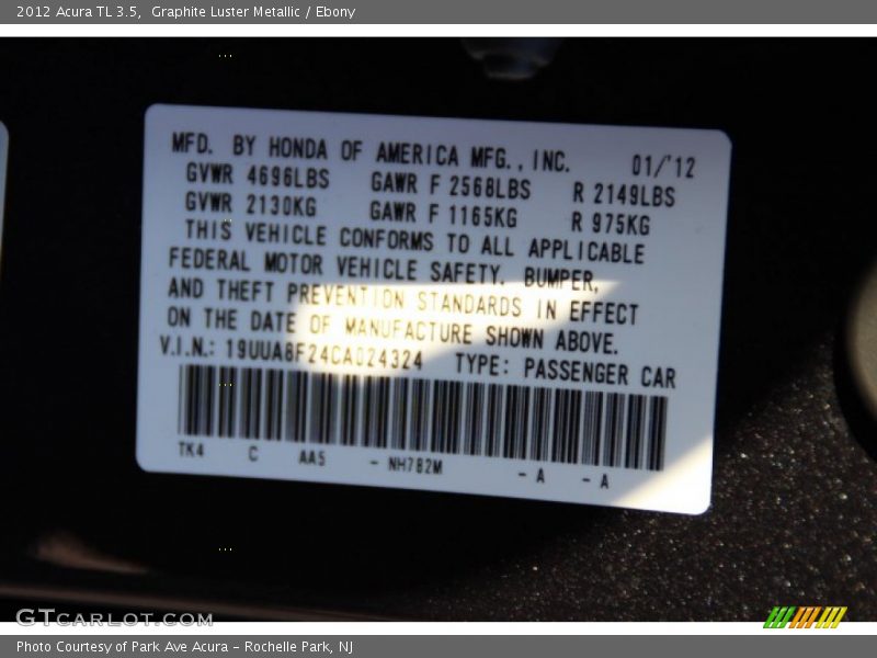Graphite Luster Metallic / Ebony 2012 Acura TL 3.5