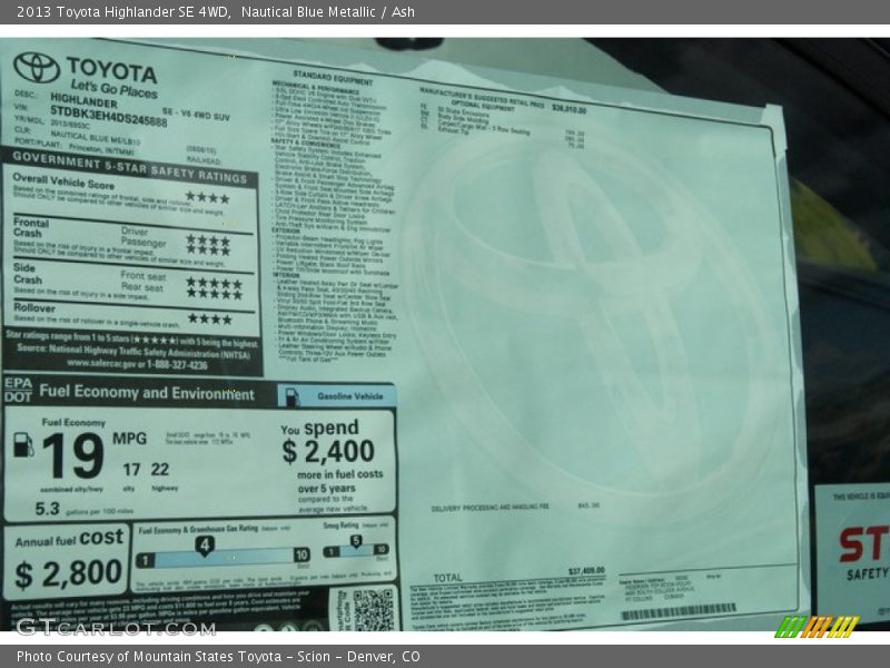 Nautical Blue Metallic / Ash 2013 Toyota Highlander SE 4WD