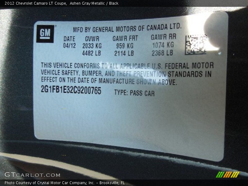 Ashen Gray Metallic / Black 2012 Chevrolet Camaro LT Coupe