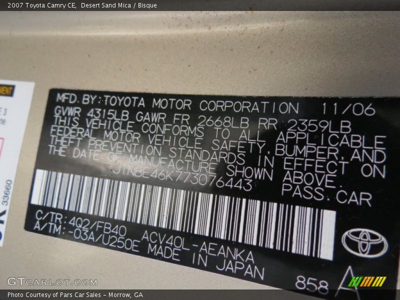 Desert Sand Mica / Bisque 2007 Toyota Camry CE