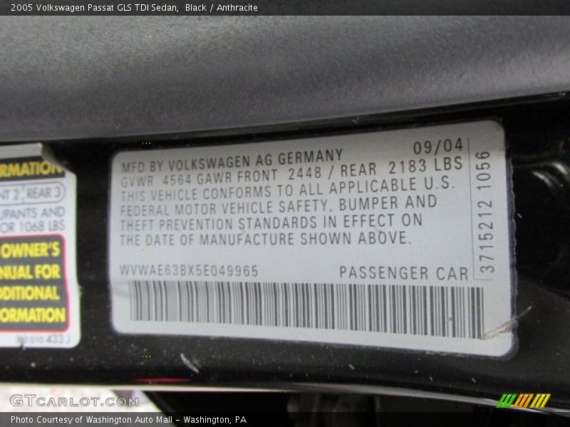 Black / Anthracite 2005 Volkswagen Passat GLS TDI Sedan