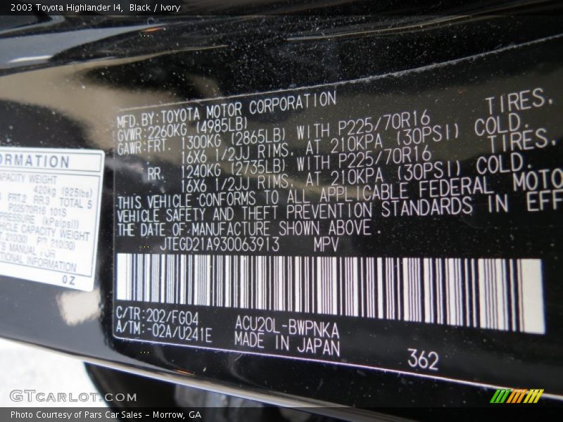 Black / Ivory 2003 Toyota Highlander I4